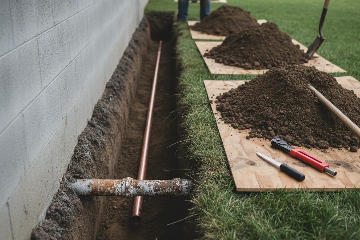 Excavated water line trench during Water Softener Installation in Toms River